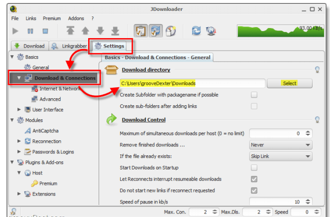 JDownloader's features and choices by clicking on the Settings tab